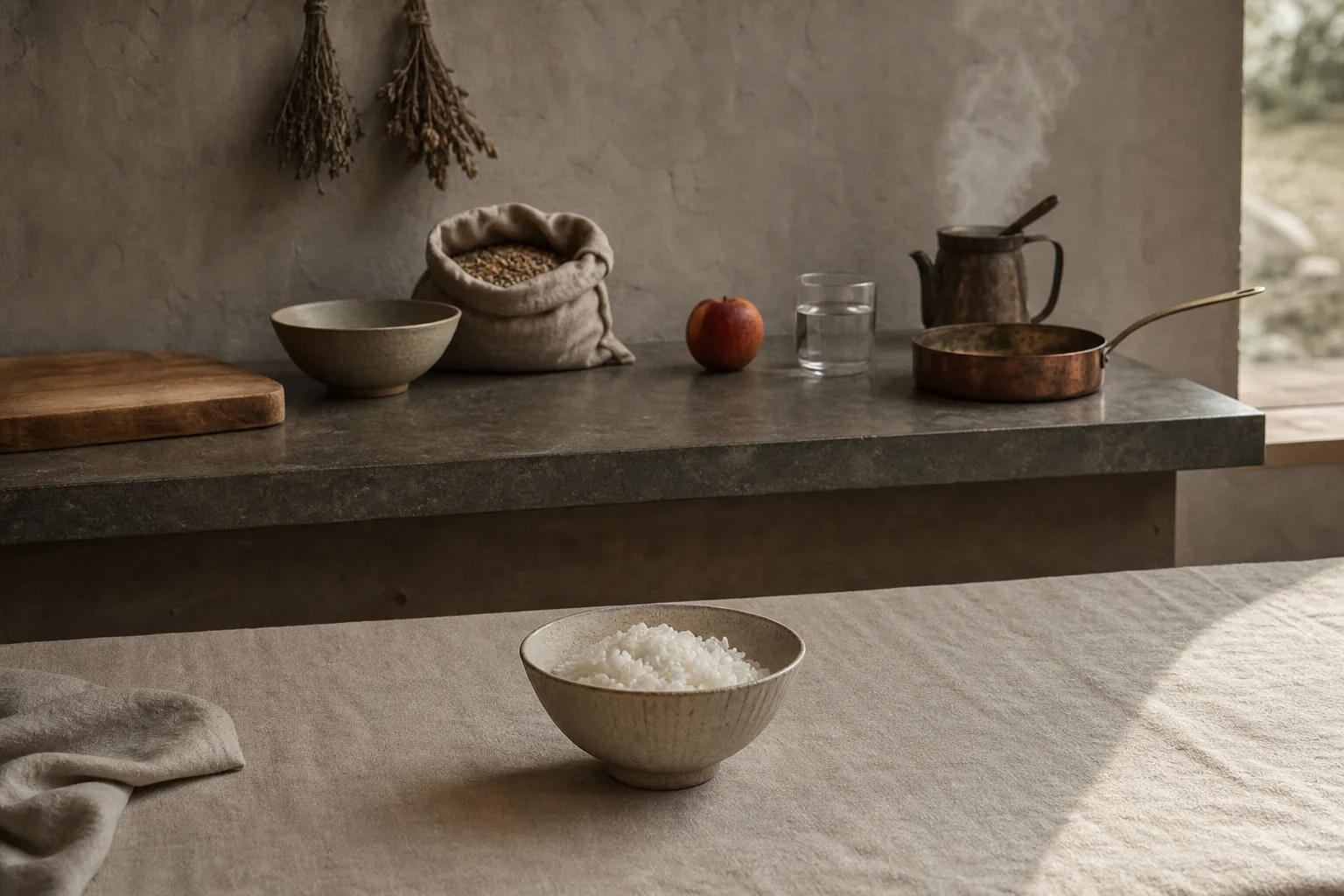 Table with bowls and food. Illustrative image.