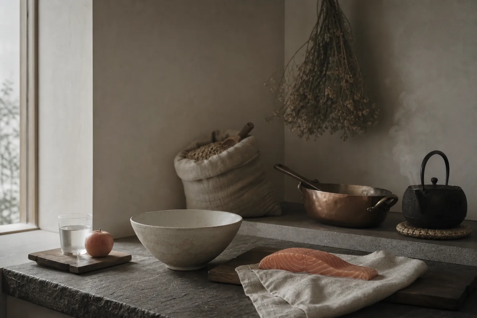 Fish and bowls on a dining table. Illustrative image.