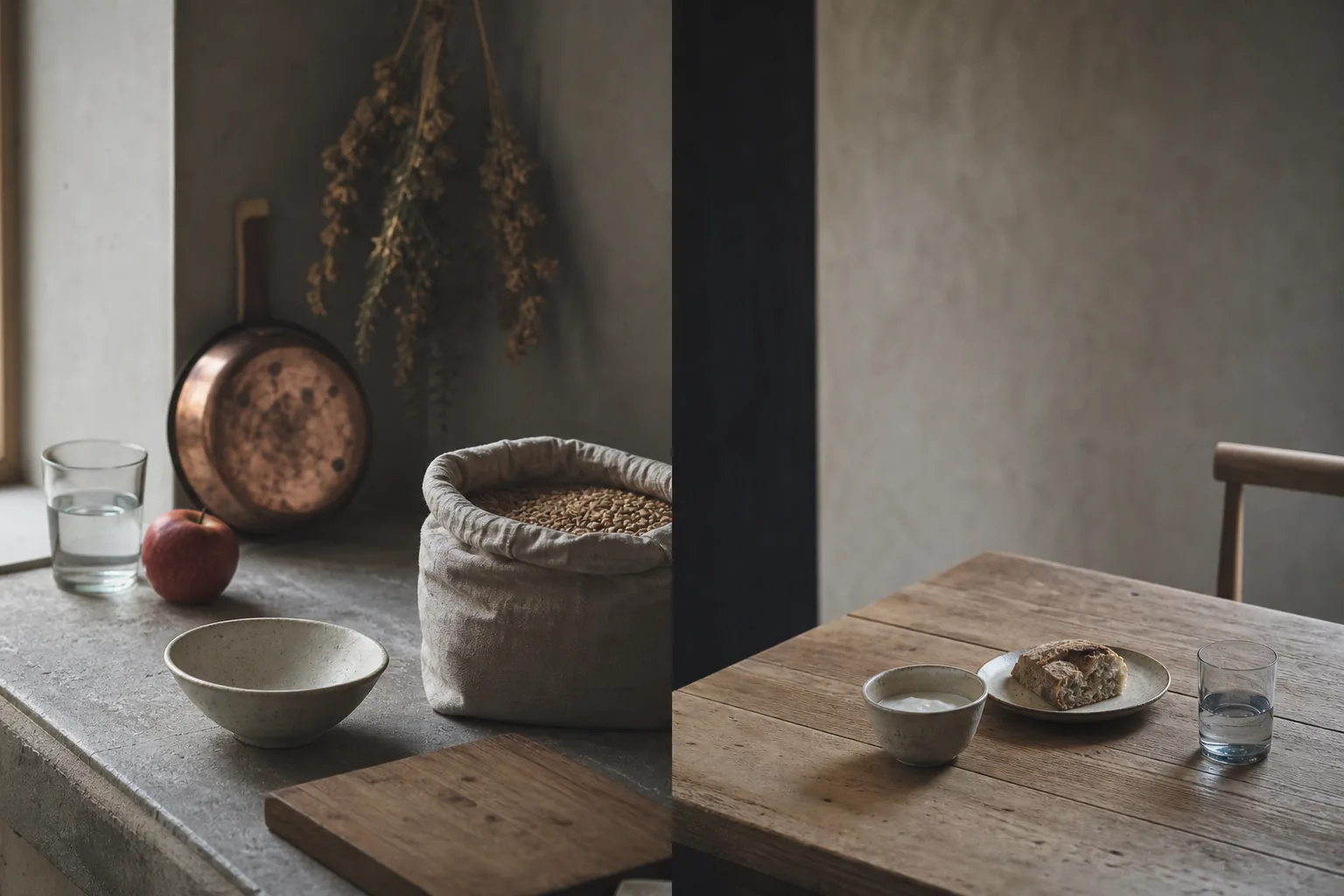 Bowls and ingredients on a breakfast table. Illustrative image.
