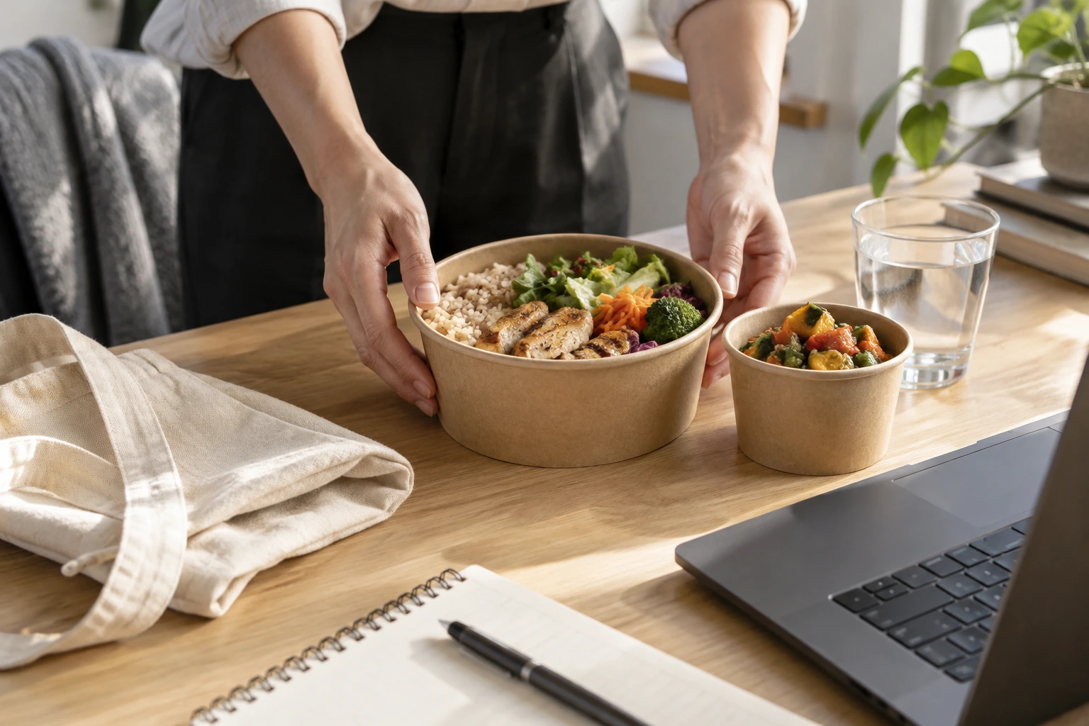 Hands placing a takeaway meal of chicken, rice and vegetables on a desk. Generated illustration