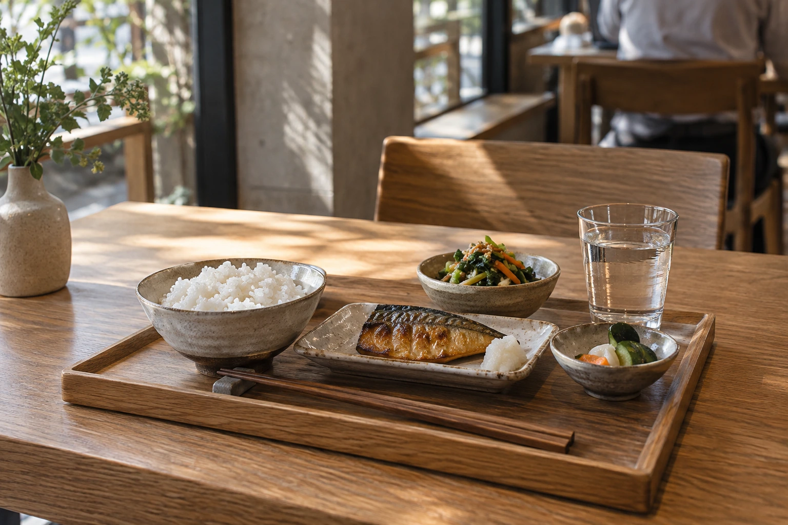 A lunch tray with rice, fish and vegetables. Generated illustration