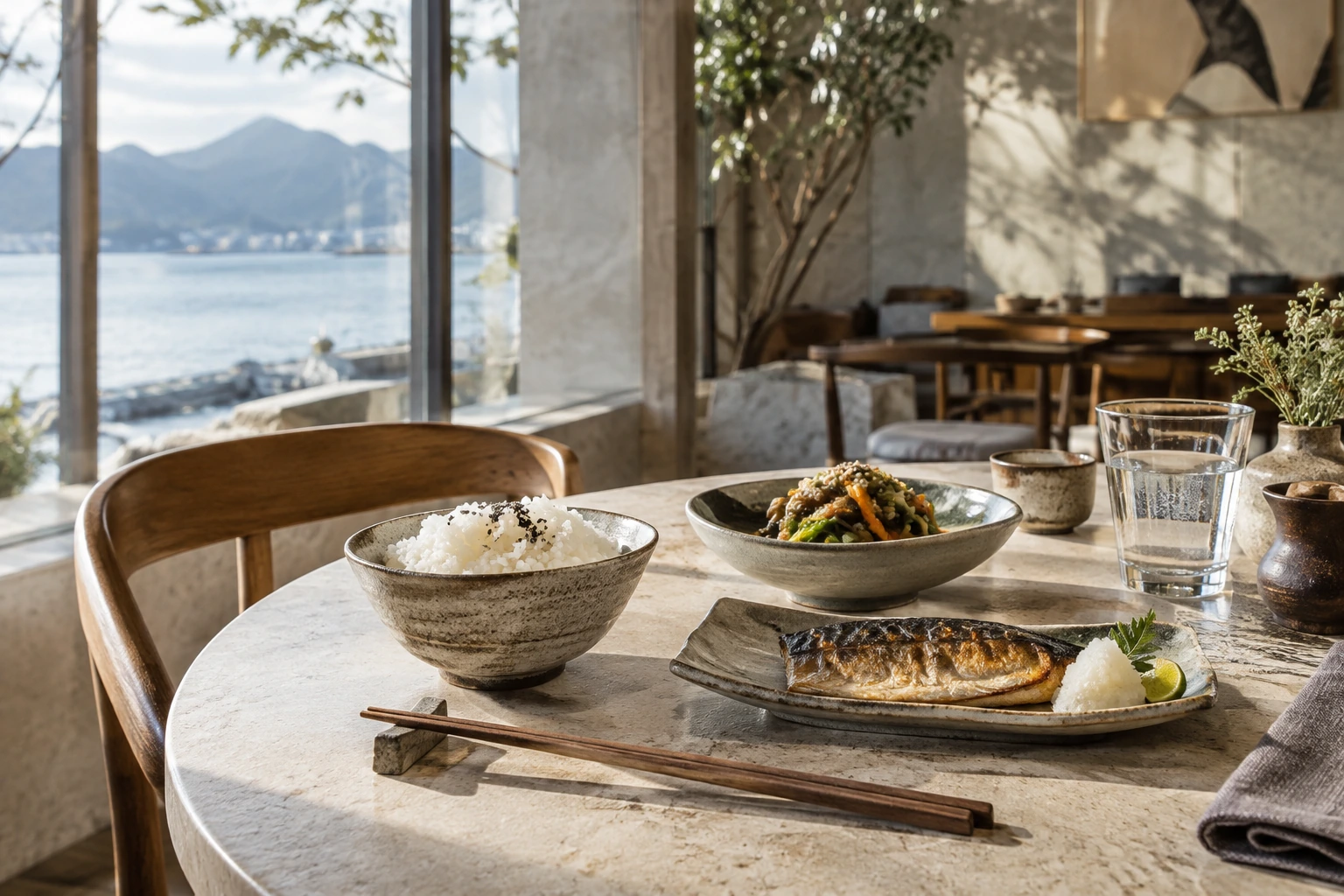 Rice, fish and vegetables on a dining table. Generated illustration