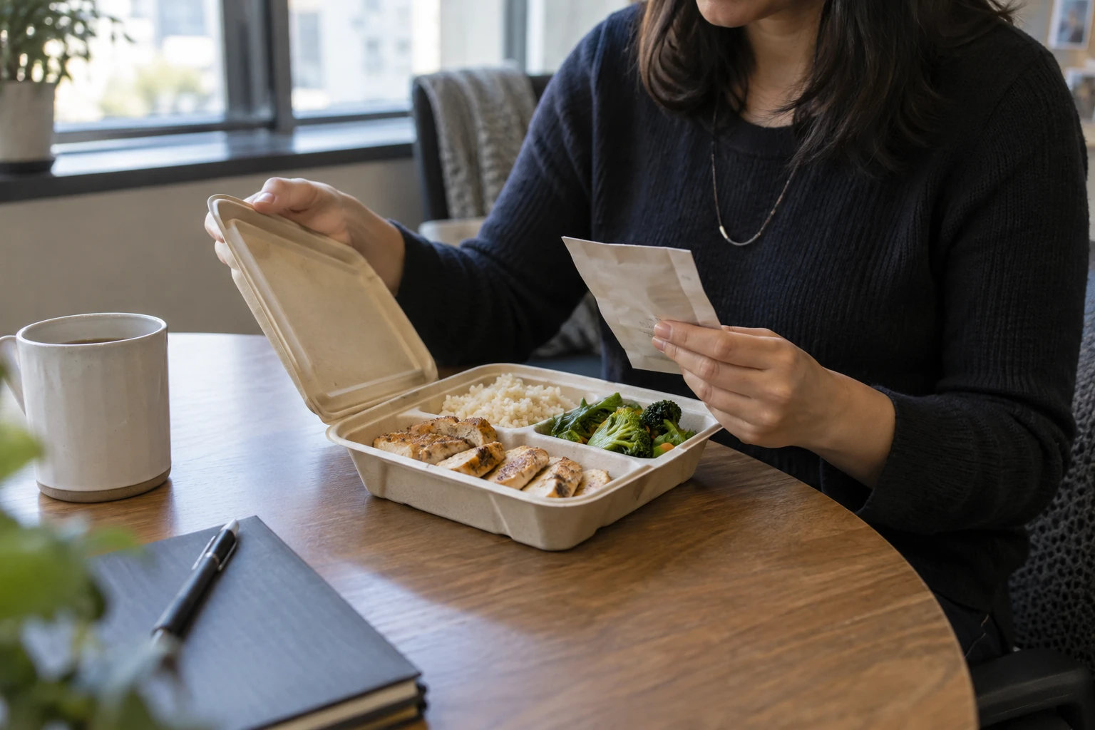Hands compare the components and plain packaging of a takeout lunch.